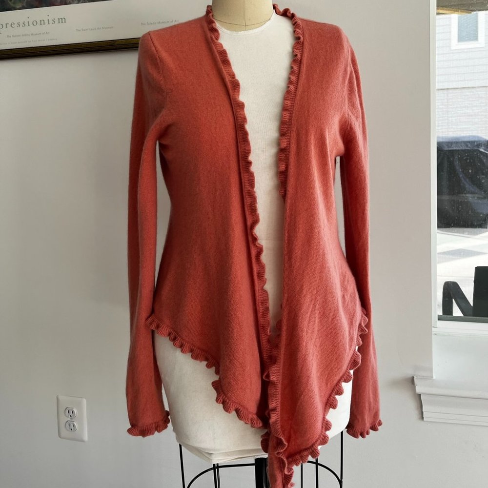 100% Cashmere Garnet Hill Wrap Cardigan with Ruffle Women M